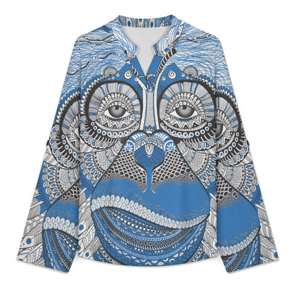 Stand-up Collar Long-sleeved Shirt Blue, Monkey  Customization Women’s V-Neck Blouses,long Sleeve,Roll-Up Sleeve Shirt