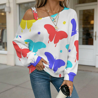 Off-the-shoulder Sweater Butterfly-color-red-blue-yellow-repeat  Asymmetric Cold Shoulder Knit Sweater for Women, Adjustable Buckle Strap Long Sleeve Casual Slouchy Pullover