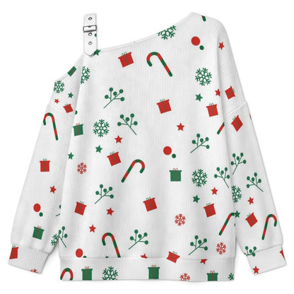 Off-the-shoulder Sweater Christmas Snow  Asymmetric Cold Shoulder Knit Sweater for Women, Adjustable Buckle Strap Long Sleeve Casual Slouchy Pullover