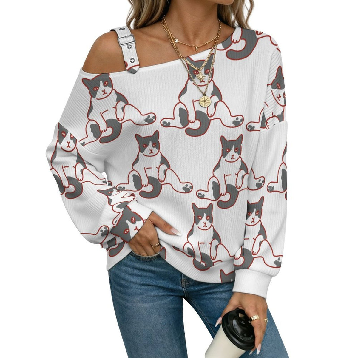 Off-the-shoulder Sweater Cat-lazy-paralyzed-arrogant-sign-white-repeat  Asymmetric Cold Shoulder Knit Sweater for Women, Adjustable Buckle Strap Long Sleeve Casual Slouchy Pullover