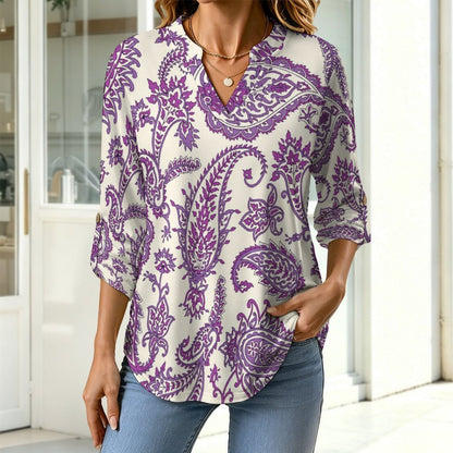 Stand-up Collar Long-sleeved Shirt Paisley  Customization Women’s V-Neck Blouses,long Sleeve,Roll-Up Sleeve Shirt