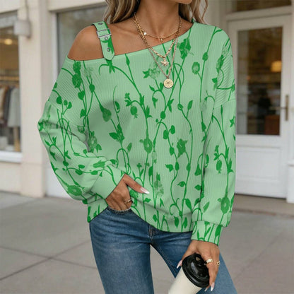 Women’s Off-Shoulder Knit Sweater Leaf Vine Background