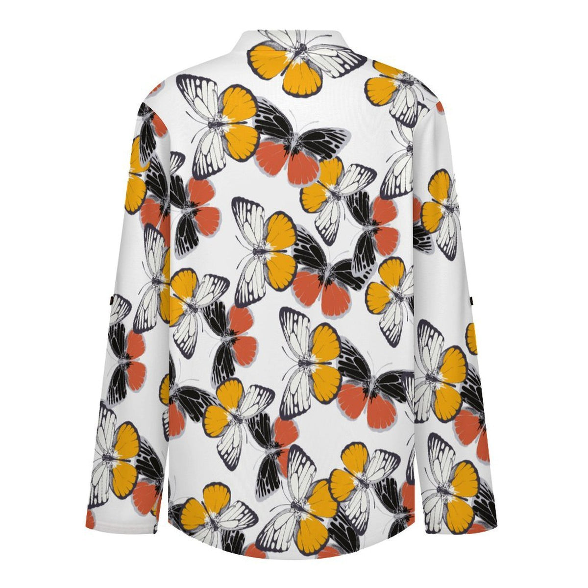 Women's Notched V Neck Tunic Tops, Roll Up 3/4 Sleeve Button Cuff Casual Blouse, Hem Loose Work Shirts  Butterfly, Repeating Pattern