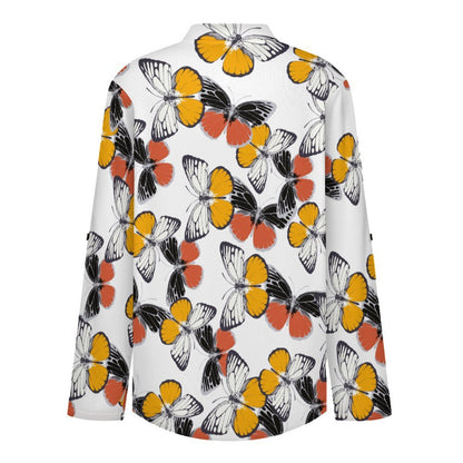 Women's Notched V Neck Tunic Tops, Roll Up 3/4 Sleeve Button Cuff Casual Blouse, Hem Loose Work Shirts  Butterfly, Repeating Pattern