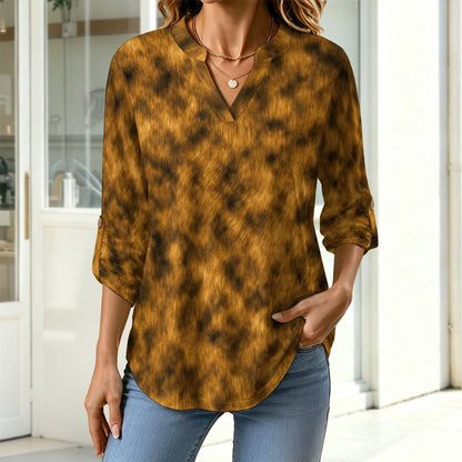 Stand-up Collar Long-sleeved Shirt Fur Coat  Customization Women’s V-Neck Blouses,long Sleeve,Roll-Up Sleeve Shirt