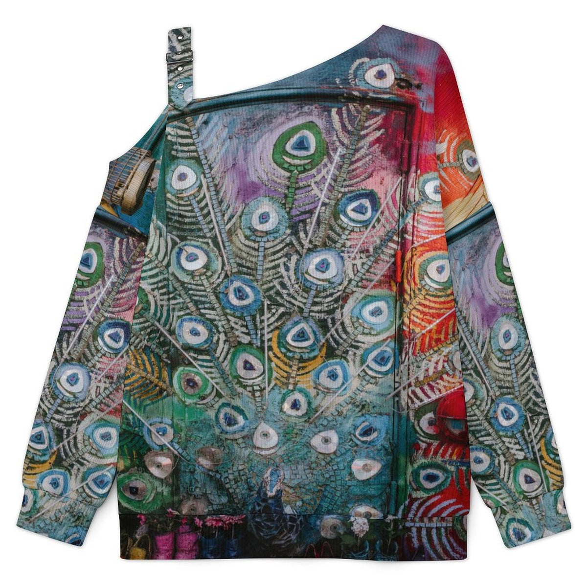 Off-the-shoulder Sweater Peacock Feather Mural  Asymmetric Cold Shoulder Knit Sweater for Women, Adjustable Buckle Strap Long Sleeve Casual Slouchy Pullover