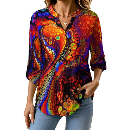 Stand-up Collar Long-sleeved Shirt Bubbles  Customization Women’s V-Neck Blouses,long Sleeve,Roll-Up Sleeve Shirt