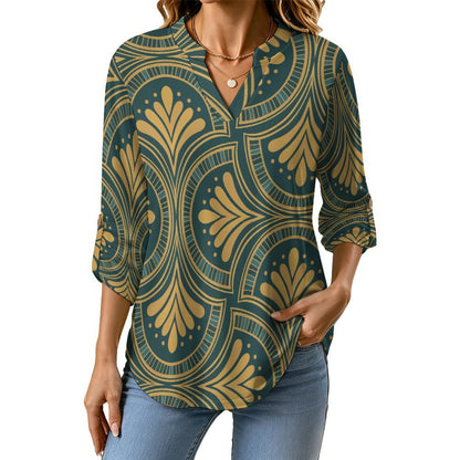Stand-up Collar Long-sleeved Shirt Retro Pattern  Customization Women’s V-Neck Blouses,long Sleeve,Roll-Up Sleeve Shirt