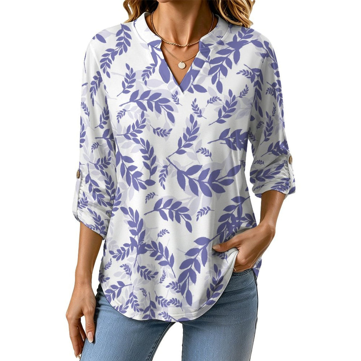Stand-up Collar Long-sleeved Shirt Purple Leaves, Repeating Pattern white S Women’s V-Neck Blouses