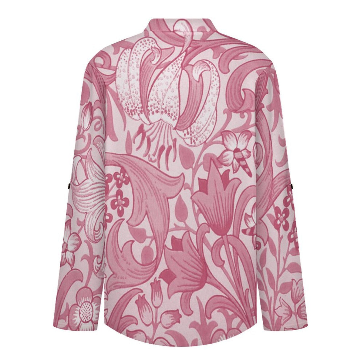 Stand-up Collar Long-sleeved Shirt Pink Pattern  Customization Women’s V-Neck Blouses,long Sleeve,Roll-Up Sleeve Shirt