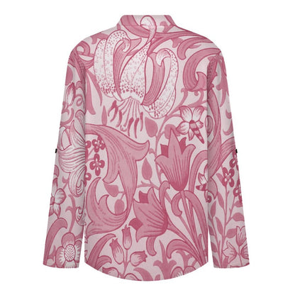 Stand-up Collar Long-sleeved Shirt Pink Pattern  Customization Women’s V-Neck Blouses,long Sleeve,Roll-Up Sleeve Shirt