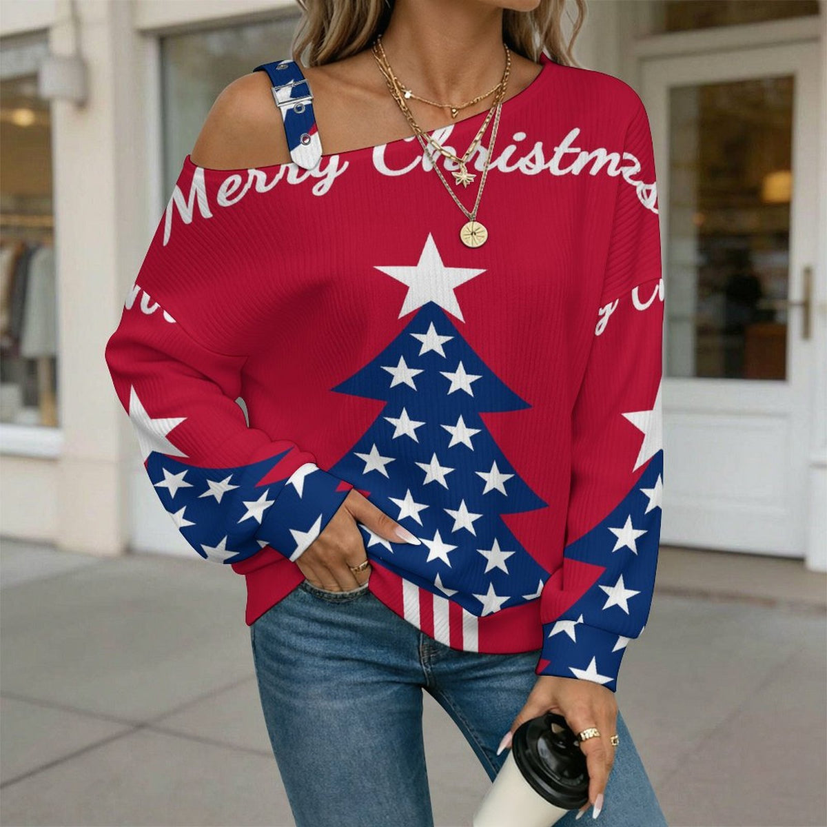 Off-the-shoulder Sweater Christmas Tree Flag of The United States  Asymmetric Cold Shoulder Knit Sweater for Women, Adjustable Buckle Strap Long Sleeve Casual Slouchy Pullover