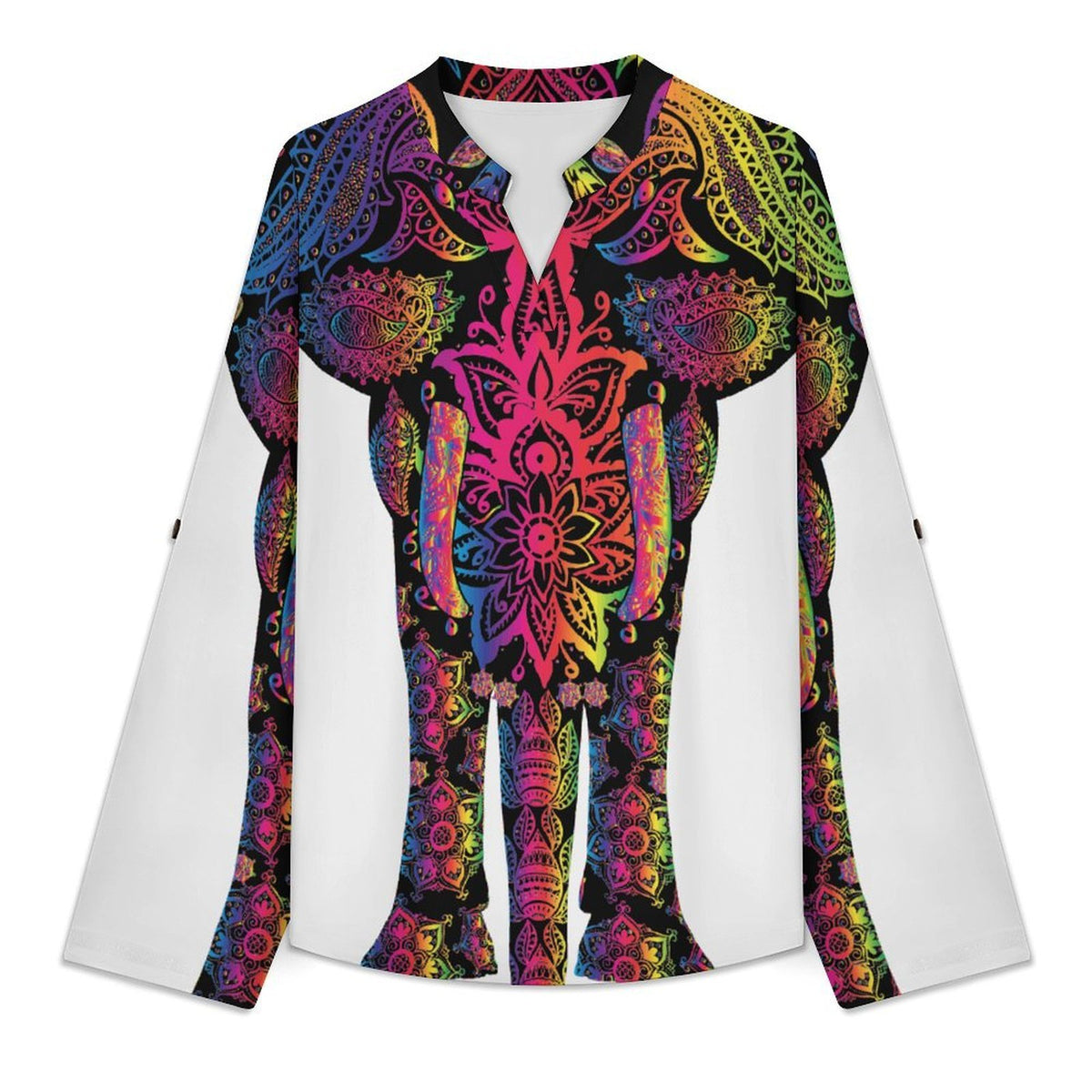 Stand-up Collar Long-sleeved Shirt Vintage Lines, Elephants  Customization Women’s V-Neck Blouses,long Sleeve,Roll-Up Sleeve Shirt