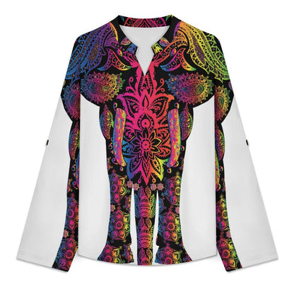 Stand-up Collar Long-sleeved Shirt Vintage Lines, Elephants  Customization Women’s V-Neck Blouses,long Sleeve,Roll-Up Sleeve Shirt