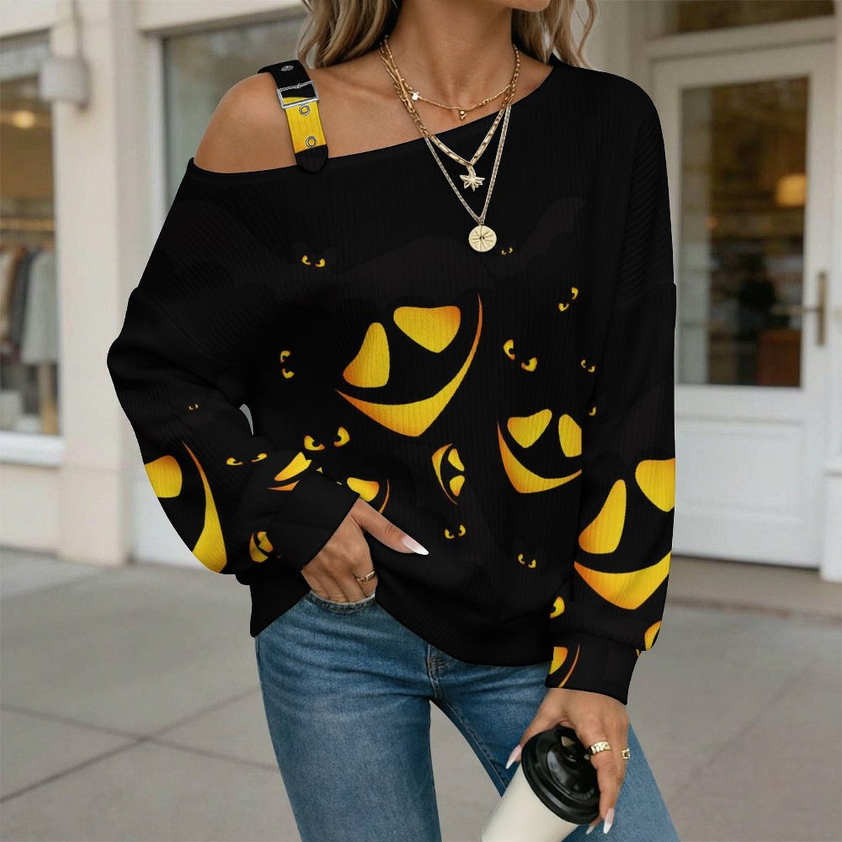 Off-the-shoulder Sweater Halloween, Eyes in The Dark  Asymmetric Cold Shoulder Knit Sweater for Women, Adjustable Buckle Strap Long Sleeve Casual Slouchy Pullover