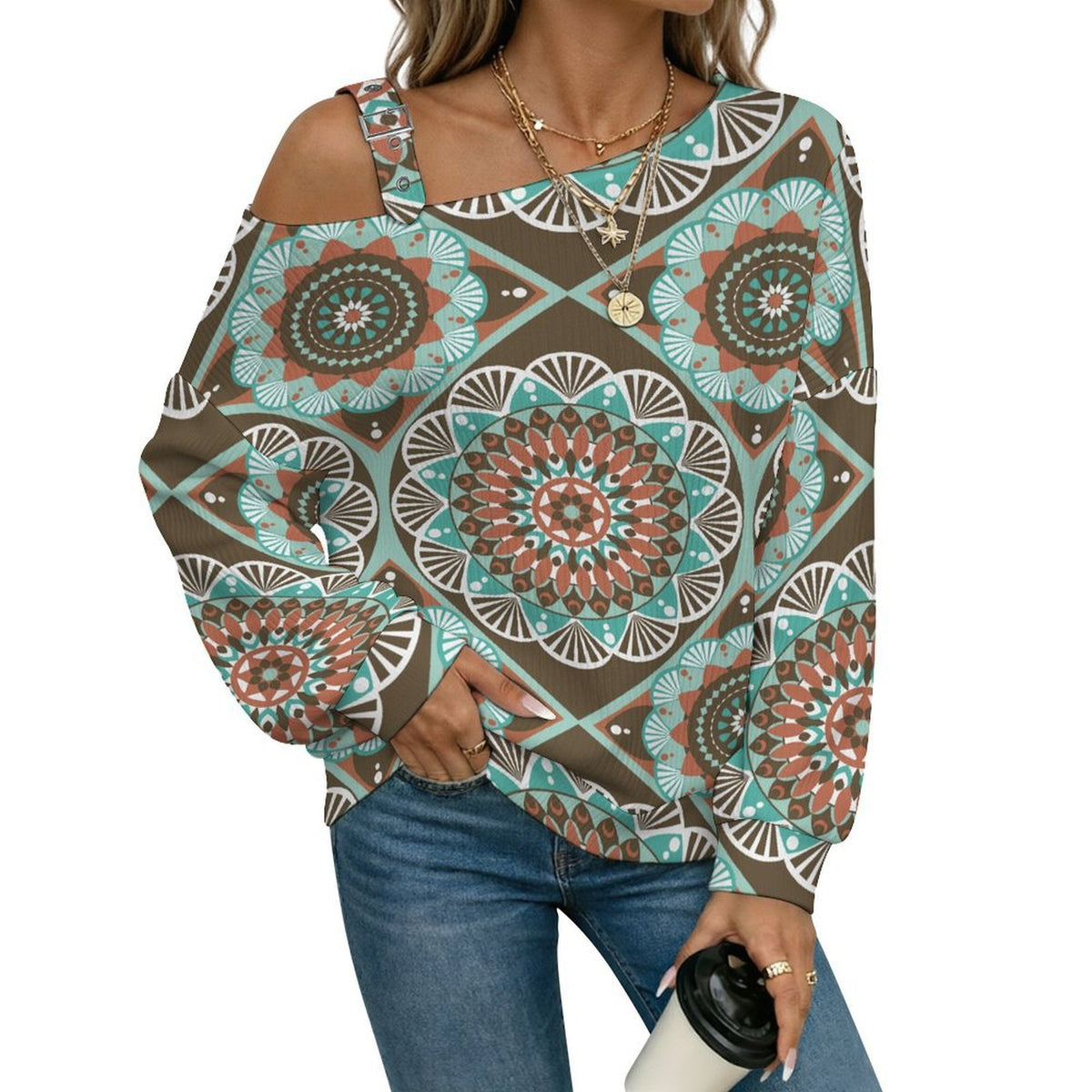 Off-the-shoulder SweaterRetro Pattern Women’s Off-Shoulder Knit Sweater