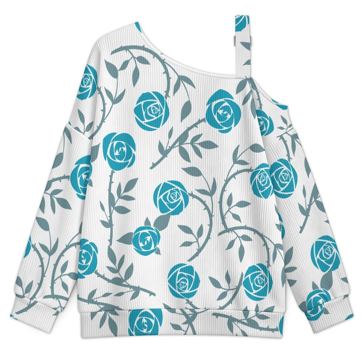 Off-the-shoulder Sweater Blue Rose Tile Decorative Pattern  Asymmetric Cold Shoulder Knit Sweater for Women, Adjustable Buckle Strap Long Sleeve Casual Slouchy Pullover