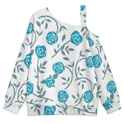 Off-the-shoulder Sweater Blue Rose Tile Decorative Pattern  Asymmetric Cold Shoulder Knit Sweater for Women, Adjustable Buckle Strap Long Sleeve Casual Slouchy Pullover