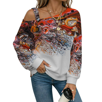 Off-the-shoulder Sweater Black Red Water Ripple  Asymmetric Cold Shoulder Knit Sweater for Women, Adjustable Buckle Strap Long Sleeve Casual Slouchy Pullover