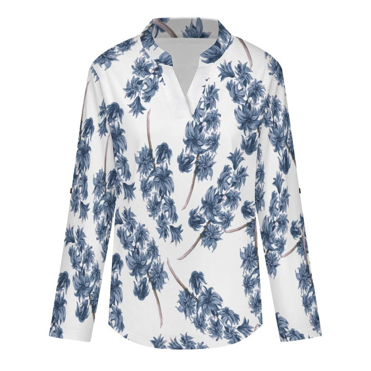Stand-up Collar Long-sleeved Shirt Purple Flowers, Repeating Pattern  Customization Women’s V-Neck Blouses,long Sleeve,Roll-Up Sleeve Shirt