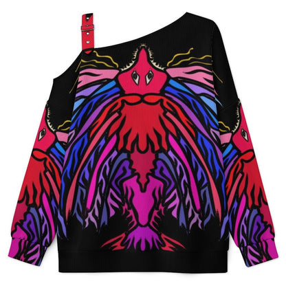 Off-the-shoulder Sweater Abstract Animal Pattern  Asymmetric Cold Shoulder Knit Sweater for Women, Adjustable Buckle Strap Long Sleeve Casual Slouchy Pullover