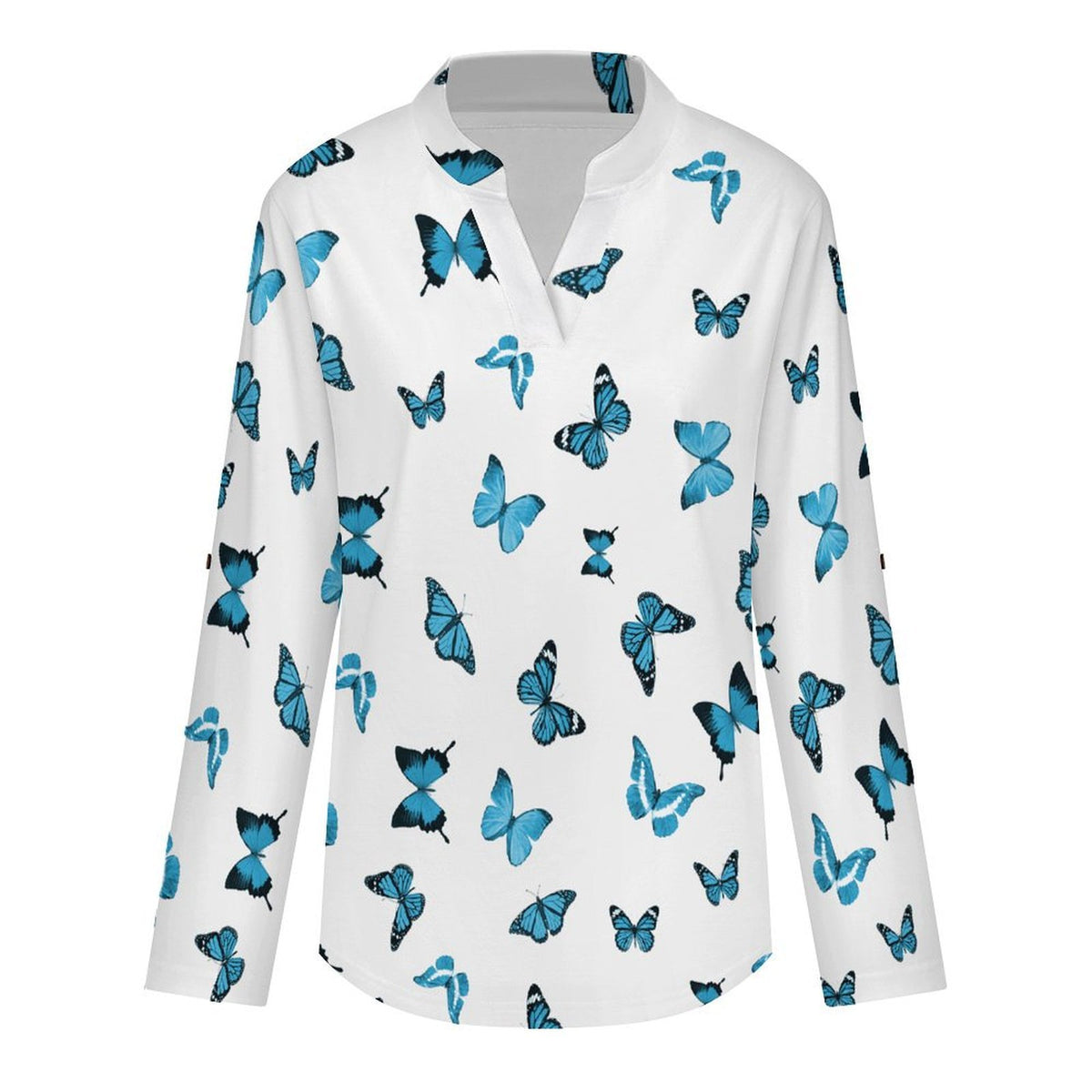 Stand-up Collar Long-sleeved Shirt Repeating Pattern, Butterfly, Blue  Customization Women’s V-Neck Blouses,long Sleeve,Roll-Up Sleeve Shirt