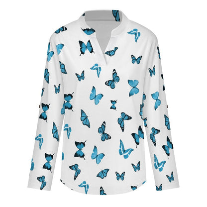 Stand-up Collar Long-sleeved Shirt Repeating Pattern, Butterfly, Blue  Customization Women’s V-Neck Blouses,long Sleeve,Roll-Up Sleeve Shirt