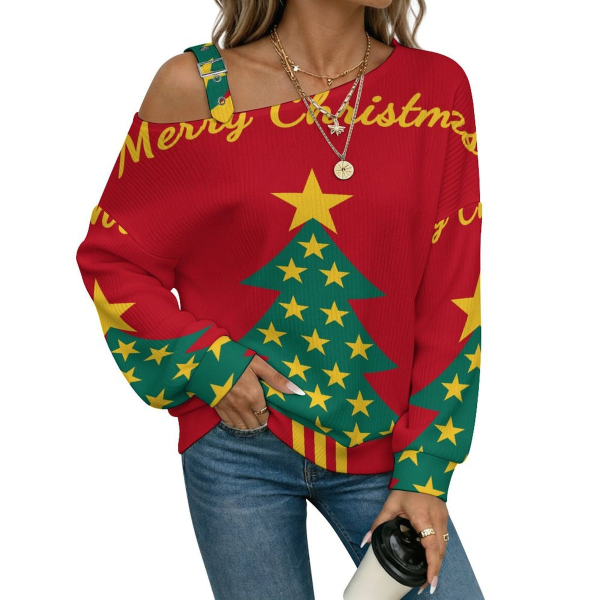Off-the-shoulder Sweater Christmas Tree  Asymmetric Cold Shoulder Knit Sweater for Women, Adjustable Buckle Strap Long Sleeve Casual Slouchy Pullover