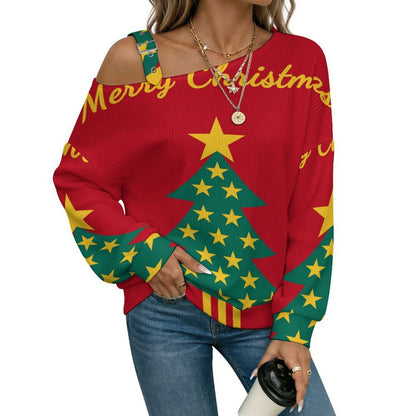 Off-the-shoulder Sweater Christmas Tree  Asymmetric Cold Shoulder Knit Sweater for Women, Adjustable Buckle Strap Long Sleeve Casual Slouchy Pullover