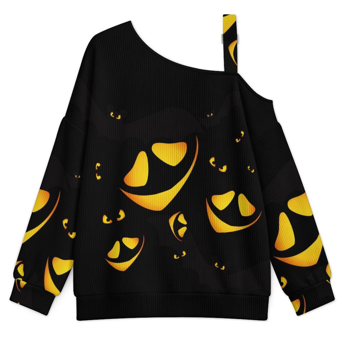 Off-the-shoulder Sweater Halloween, Eyes in The Dark  Asymmetric Cold Shoulder Knit Sweater for Women, Adjustable Buckle Strap Long Sleeve Casual Slouchy Pullover