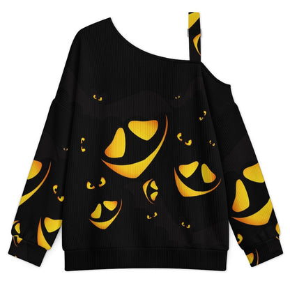 Off-the-shoulder Sweater Halloween, Eyes in The Dark  Asymmetric Cold Shoulder Knit Sweater for Women, Adjustable Buckle Strap Long Sleeve Casual Slouchy Pullover