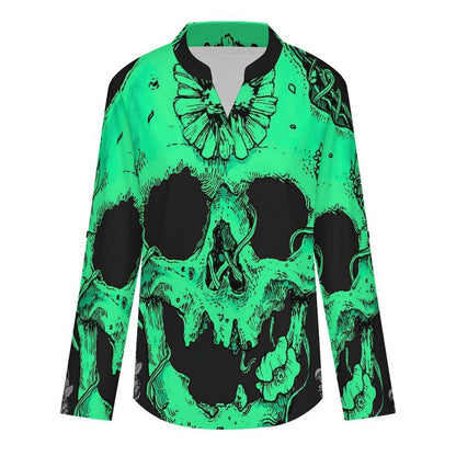 Stand-up Collar Long-sleeved Shirt Mysterious Skull  Customization Women’s V-Neck Blouses,long Sleeve,Roll-Up Sleeve Shirt