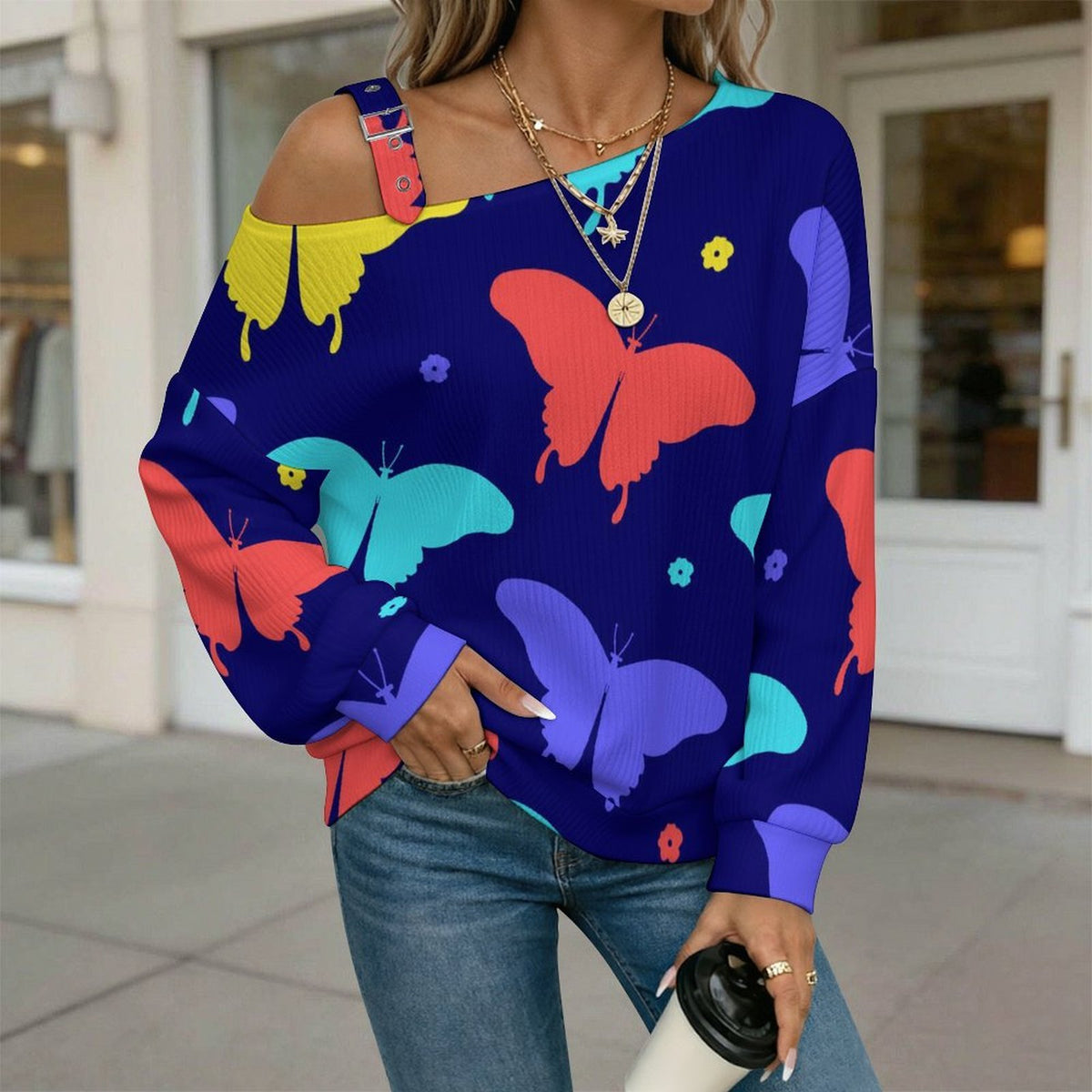 Off-the-shoulder Sweater Butterfly-color-red-blue-yellow-repeat  Asymmetric Cold Shoulder Knit Sweater for Women, Adjustable Buckle Strap Long Sleeve Casual Slouchy Pullover