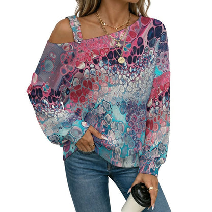 Off-the-shoulder Sweater Bubbles Pattern  Asymmetric Cold Shoulder Knit Sweater for Women, Adjustable Buckle Strap Long Sleeve Casual Slouchy Pullover
