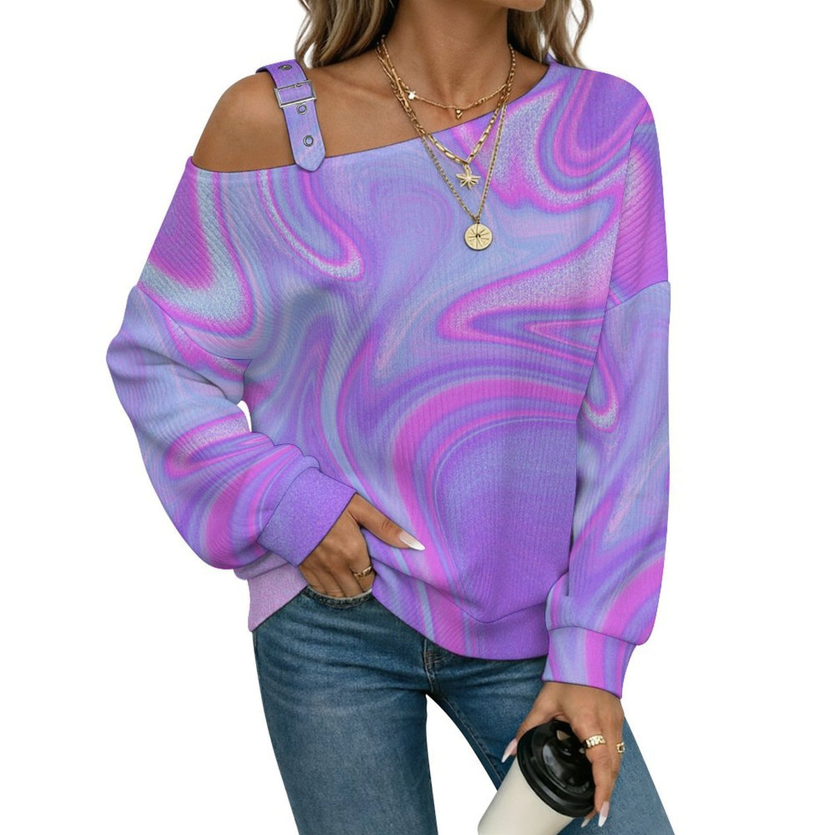 Off-the-shoulder Sweater Purple Corlor Corlorful Abstract  Asymmetric Cold Shoulder Knit Sweater for Women, Adjustable Buckle Strap Long Sleeve Casual Slouchy Pullover