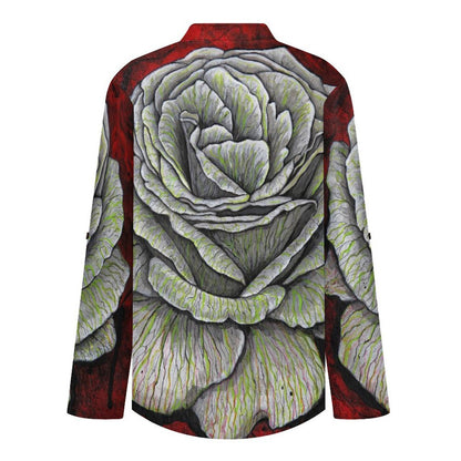 Stand-up Collar Long-sleeved Shirt Rose Artstic  Customization Women’s V-Neck Blouses,long Sleeve,Roll-Up Sleeve Shirt