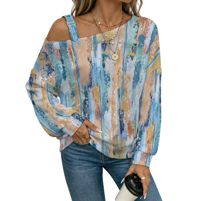 Off-the-shoulder Sweater Exotic Ethnic Pattern  Asymmetric Cold Shoulder Knit Sweater for Women, Adjustable Buckle Strap Long Sleeve Casual Slouchy Pullover
