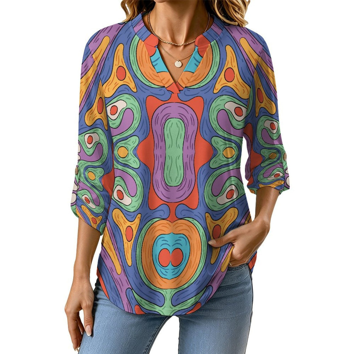 Stand-up Collar Long-sleeved Shirt Repetitive Pattern  Customization Women’s V-Neck Blouses,long Sleeve,Roll-Up Sleeve Shirt