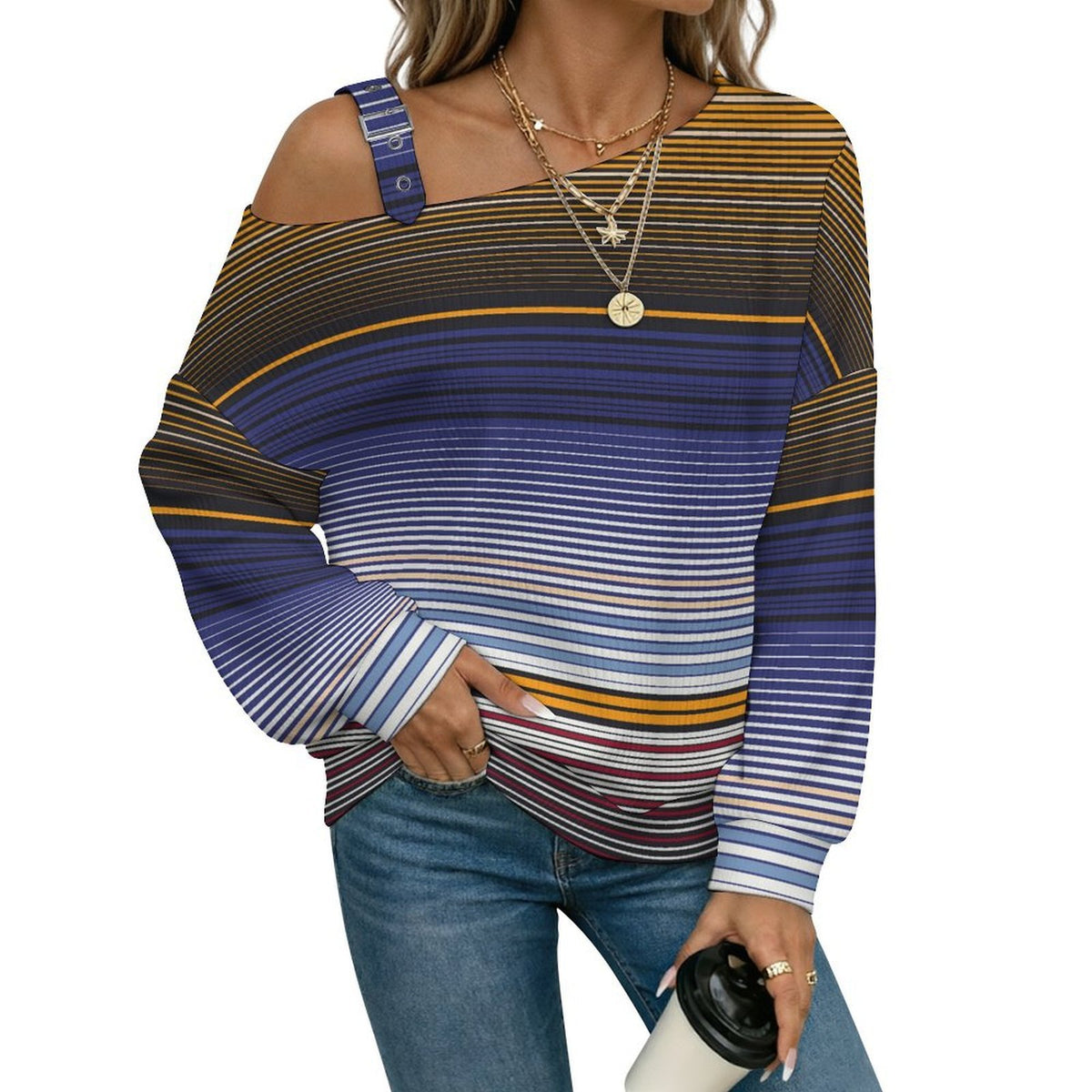 Off-the-shoulder Sweater Fashion Stripe  Asymmetric Cold Shoulder Knit Sweater for Women, Adjustable Buckle Strap Long Sleeve Casual Slouchy Pullover