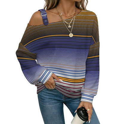 Off-the-shoulder Sweater Fashion Stripe  Asymmetric Cold Shoulder Knit Sweater for Women, Adjustable Buckle Strap Long Sleeve Casual Slouchy Pullover