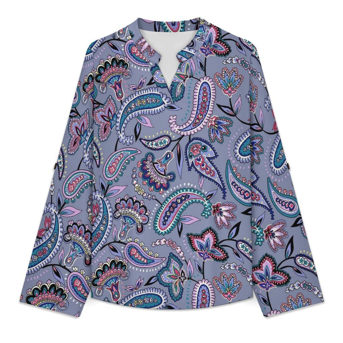 Stand-up Collar Long-sleeved Shirt Paisley  Customization Women’s V-Neck Blouses,long Sleeve,Roll-Up Sleeve Shirt