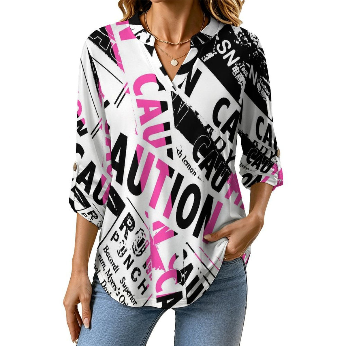 Stand-up Collar Long-sleeved Shirt Vintage Newspaper  Customization Women’s V-Neck Blouses,long Sleeve,Roll-Up Sleeve Shirt