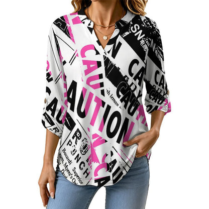 Stand-up Collar Long-sleeved Shirt Vintage Newspaper  Customization Women’s V-Neck Blouses,long Sleeve,Roll-Up Sleeve Shirt