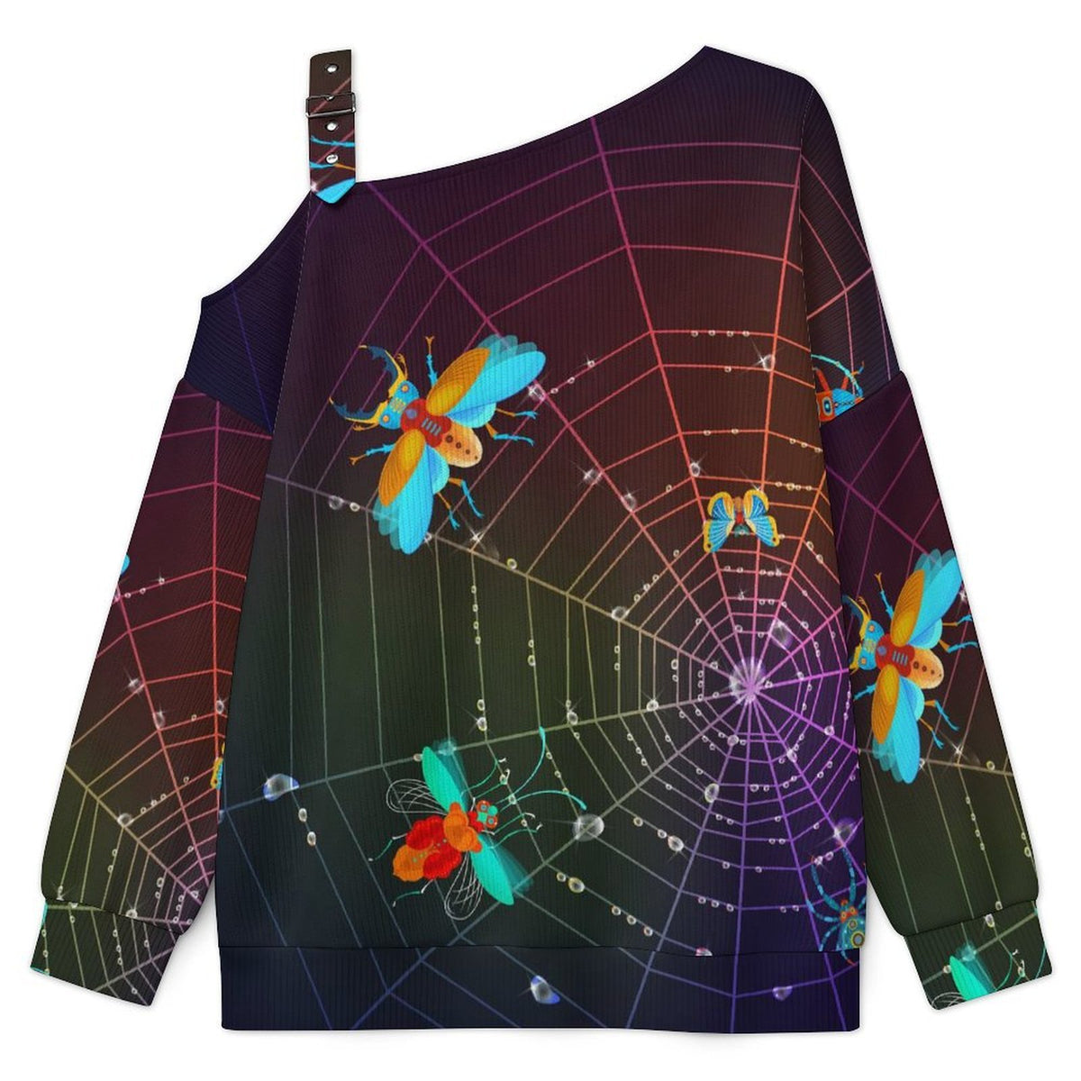 Off-the-shoulder Sweater Glowing Insects, Spider Webs  Asymmetric Cold Shoulder Knit Sweater for Women, Adjustable Buckle Strap Long Sleeve Casual Slouchy Pullover