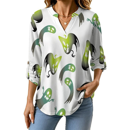 Stand-up Collar Long-sleeved Shirt The Ghost Repeats A Pattern of Gradient Green  Customization Women’s V-Neck Blouses,long Sleeve,Roll-Up Sleeve Shirt