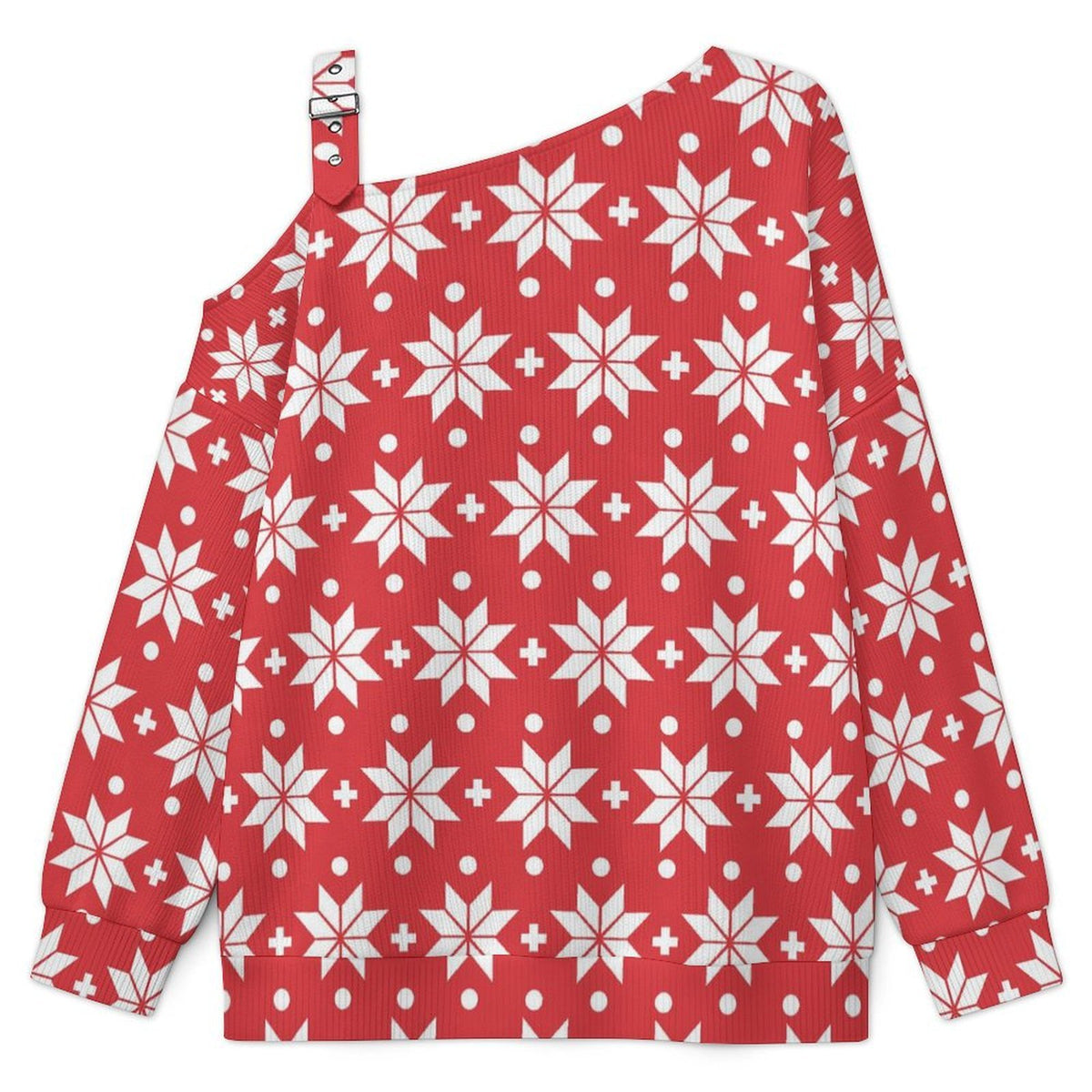 Off-the-shoulder Sweater Christmas - Repeat - Pattern - Red - White - Christmas Pattern  Asymmetric Cold Shoulder Knit Sweater for Women, Adjustable Buckle Strap Long Sleeve Casual Slouchy Pullover