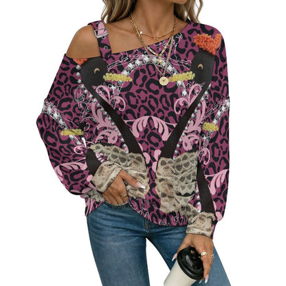 Off-the-shoulder Sweater Swan  Asymmetric Cold Shoulder Knit Sweater for Women, Adjustable Buckle Strap Long Sleeve Casual Slouchy Pullover