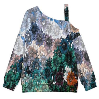 Off-the-shoulder SweaterRetro, Colorful Flower Patterns Women’s Off-Shoulder Knit Sweater
