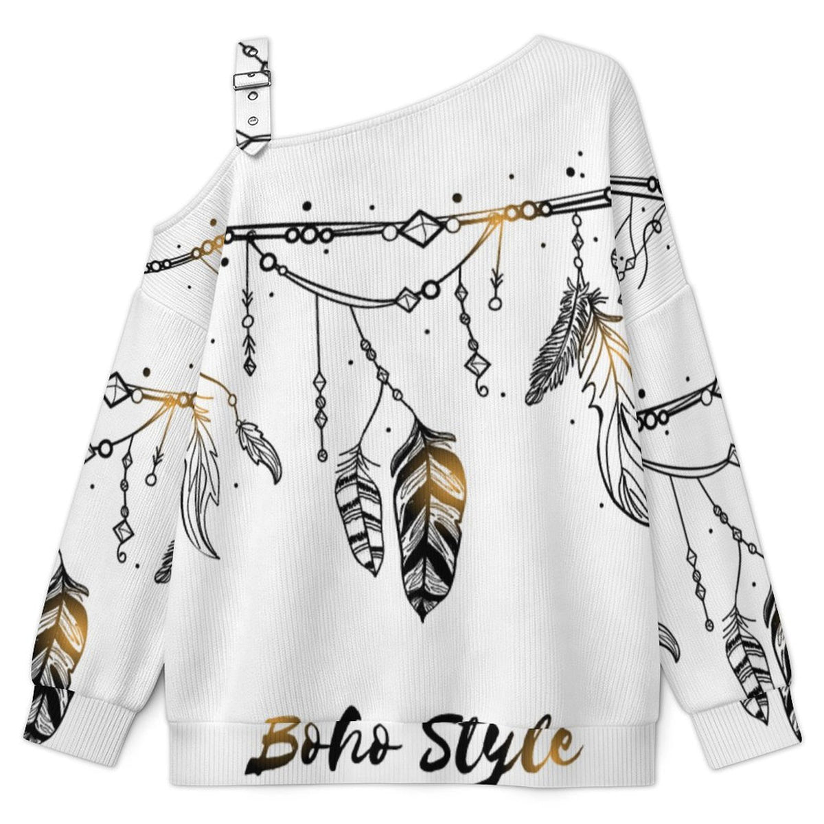 Off-the-shoulder Sweater Boho Style  Asymmetric Cold Shoulder Knit Sweater for Women, Adjustable Buckle Strap Long Sleeve Casual Slouchy Pullover