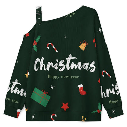 Off-the-shoulder Sweater Christmas Slogn  Asymmetric Cold Shoulder Knit Sweater for Women, Adjustable Buckle Strap Long Sleeve Casual Slouchy Pullover